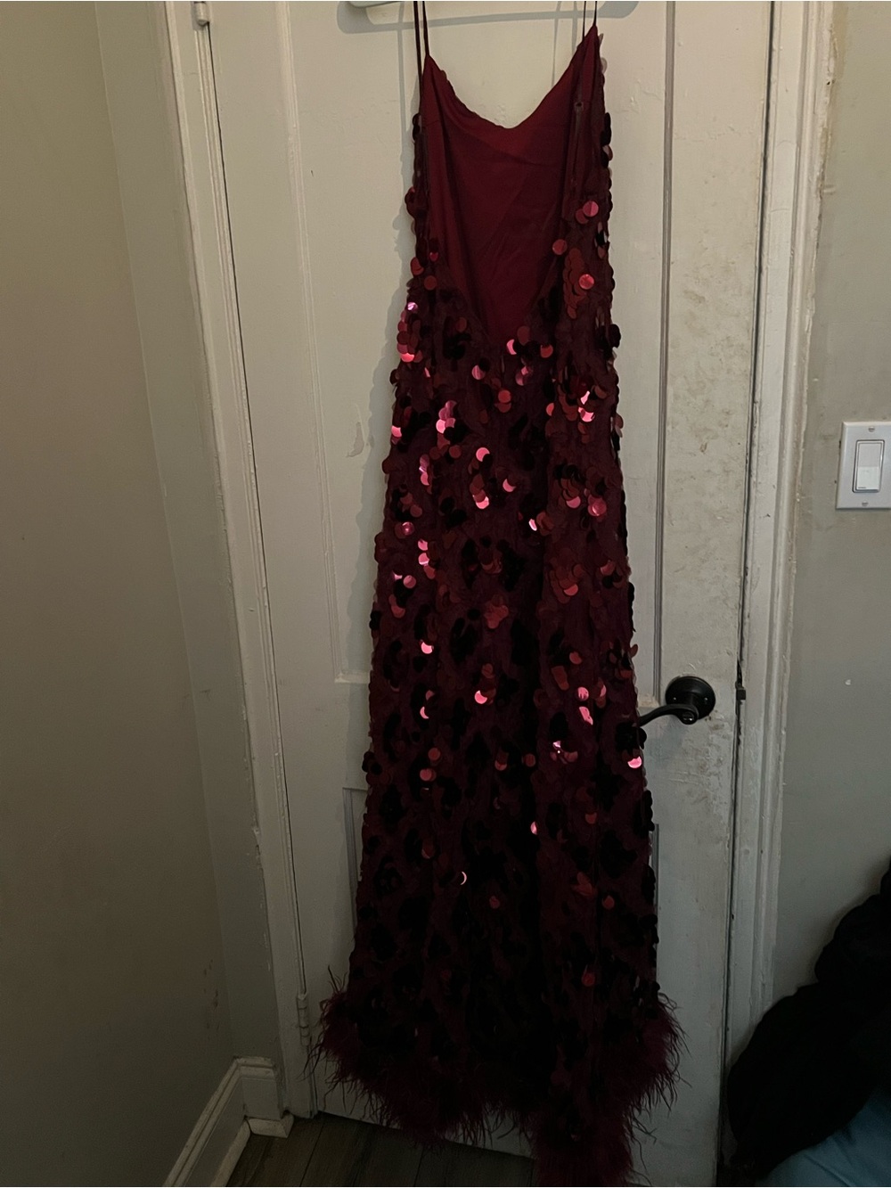 Fashion Nova Burgundy Sequin Feather Maxi Dress